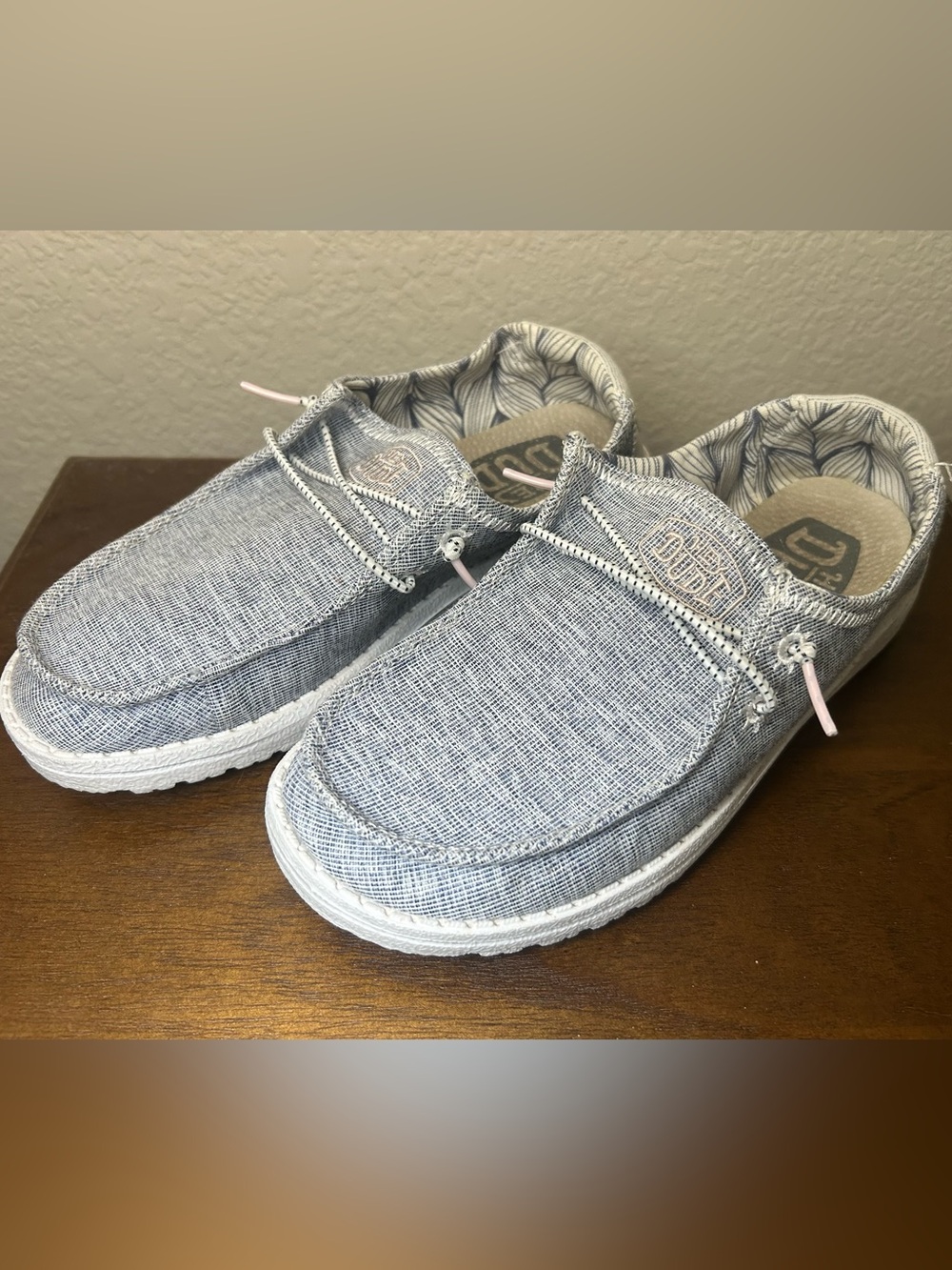 Hey Dude Slip-Ons Blue and White with Pink accents. Youth Size 4